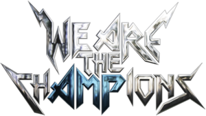 We are the Champions text in silver rockstar font with AMP highlighted in blue