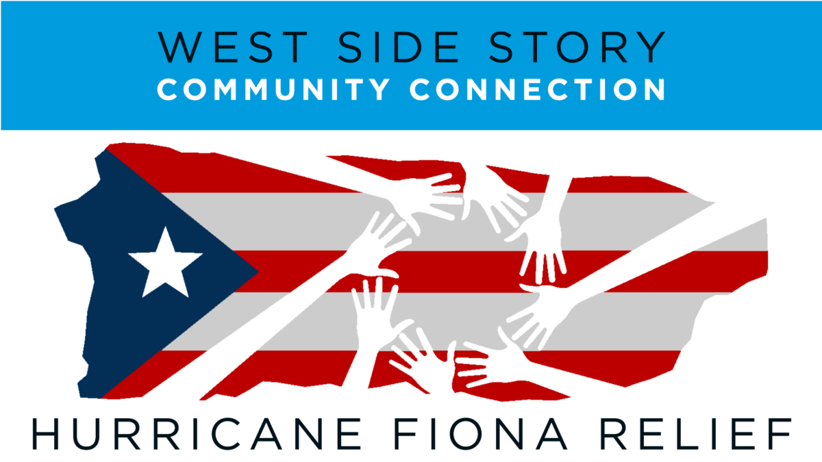West Side Story: Community Connection - Hurricane Fiona Relief - image of a Puerto Rican flag in the shape of the country with hands reaching out