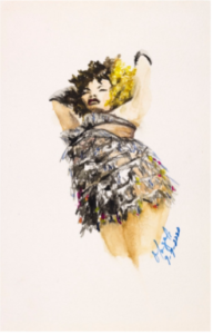 drawing of a dancing Latina woman with black and blonde curly hair wearing a sparkly multi-colored dress