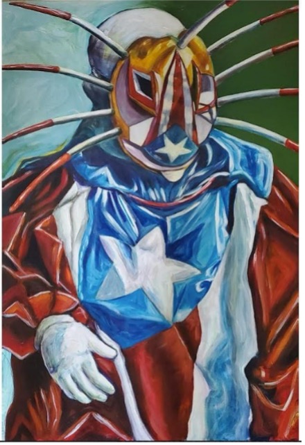 painting of a figure wearing a mask decorated with the Cuban flag, wearing an one-piece cuban flag outfit and white gloves