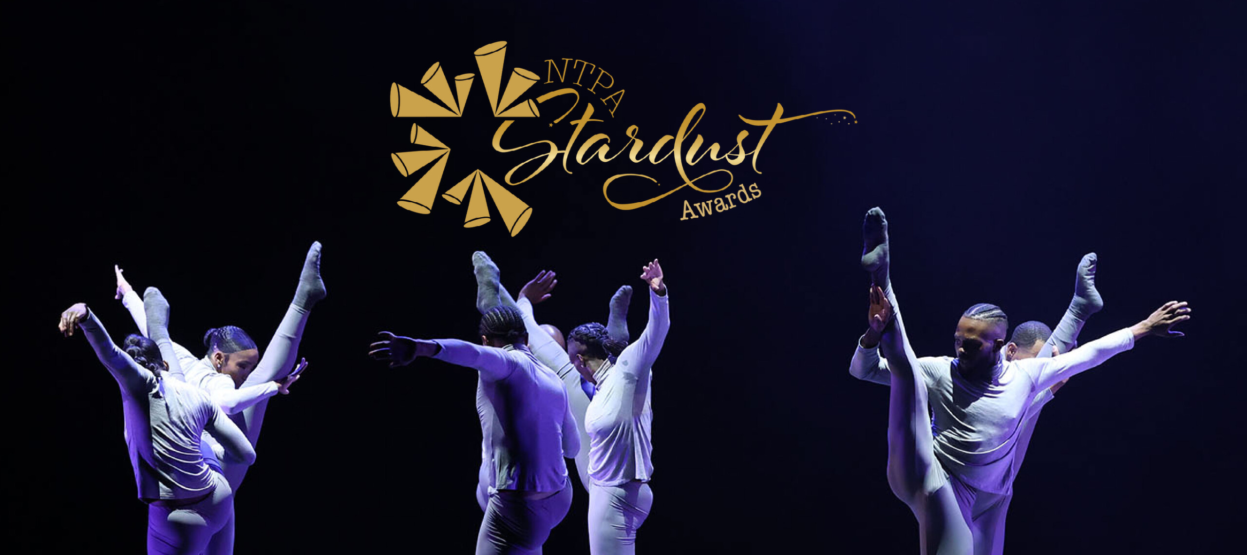Dallas Black Dance Theatre performers in all white on a black background with NTPA Stardust Awards logo imposed on top