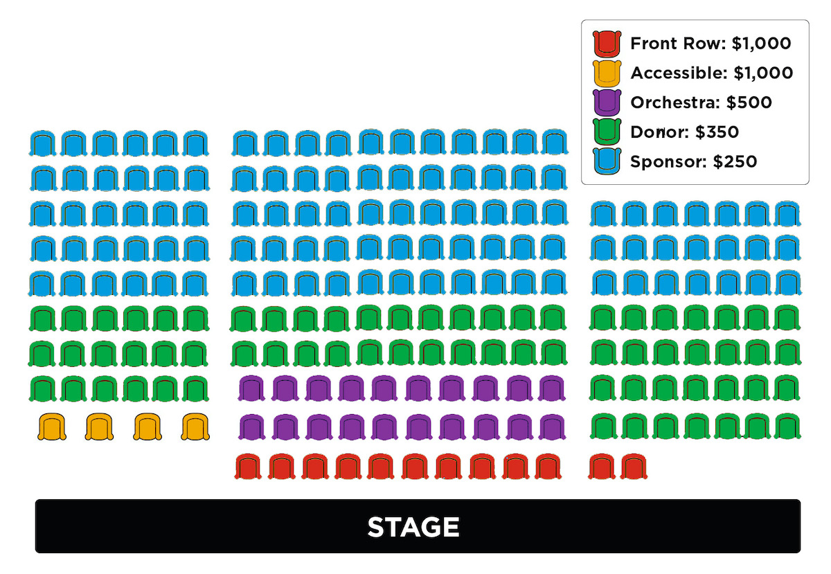 Chair layout showing front row, accessible seats on front row right, orchestra seats on second and third rows center, donor seats on second-fifth rows, and sponsor seats on remaining rows