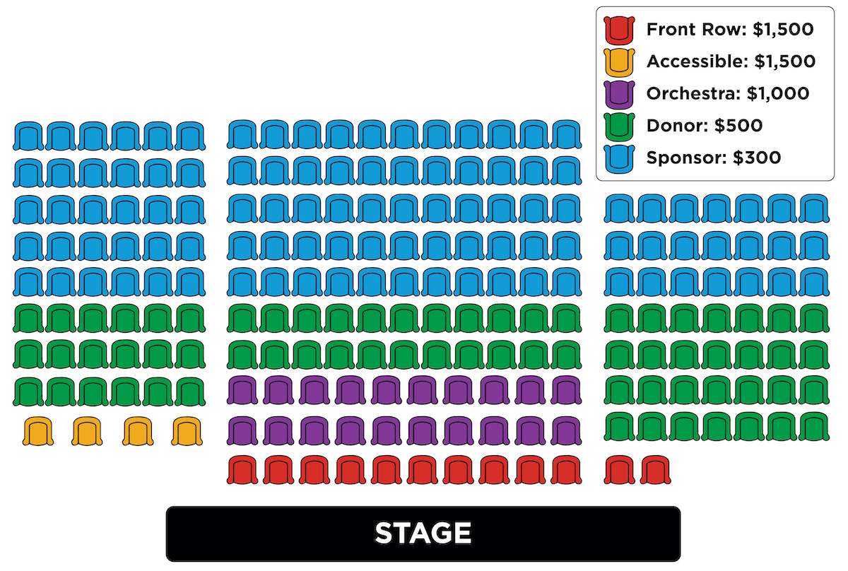 2023 Plano Chair layout showing front row, accessible seats on front row right, orchestra seats on second and third rows center, donor seats on second-fifth rows, and sponsor seats on remaining rows