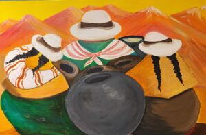 Patricia Groce painting - 3 women wearing hats